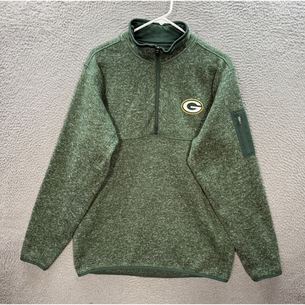 Green Bay Packers Jacket Adult Large Green Knit 1/4 Zip Pullover Embroidered NFL
